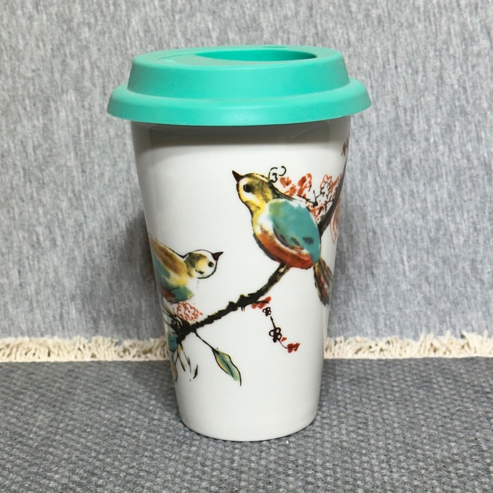 Lenox Chirp Ceramic Travel Mug Bird Floral Porcelain Tumbler Teal Silicone Lid